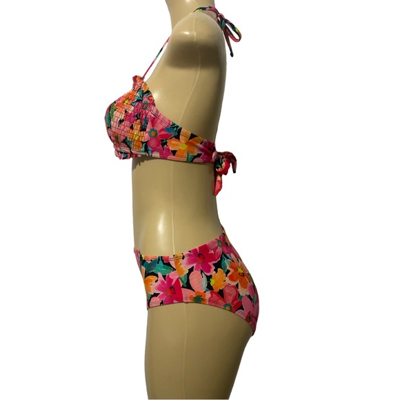 Floral Pink Smocked Bandeau Mid Rise Two Piece Bikini Set Adjustable Halter Top - Picture 7 of 15